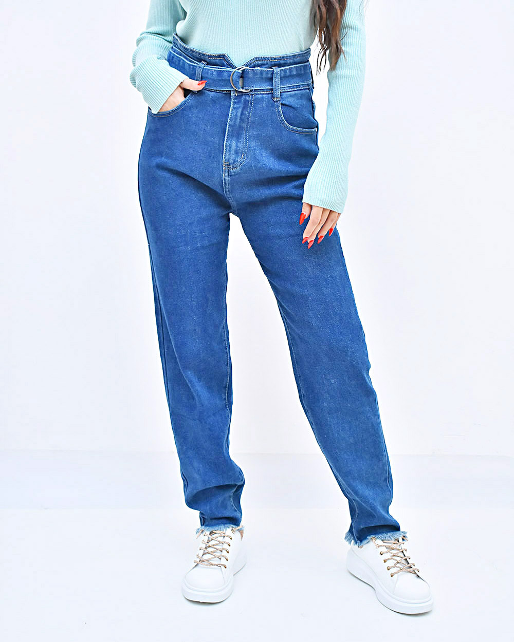 Γυναικείο Παντελόνι τζιν μπλε με ζώνη